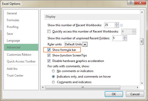 Unhide formula bar using Excel Options