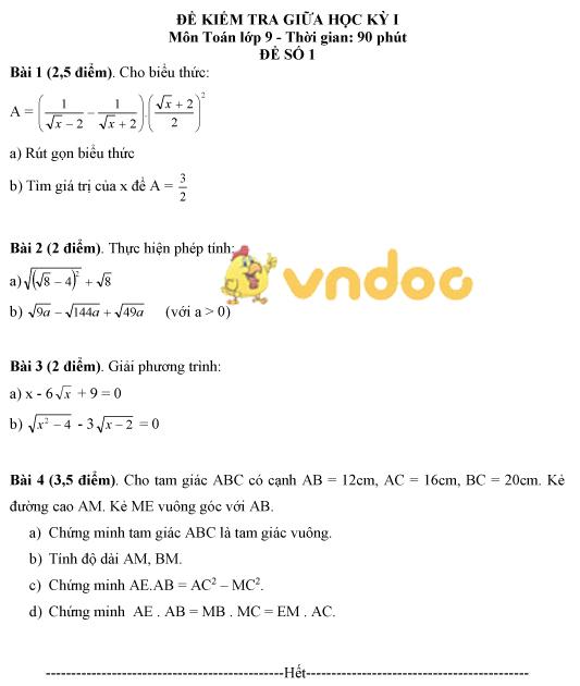 Bộ đề kiểm tra giữa học kì 1 môn Toán lớp 9 năm học 2023 - 2024
