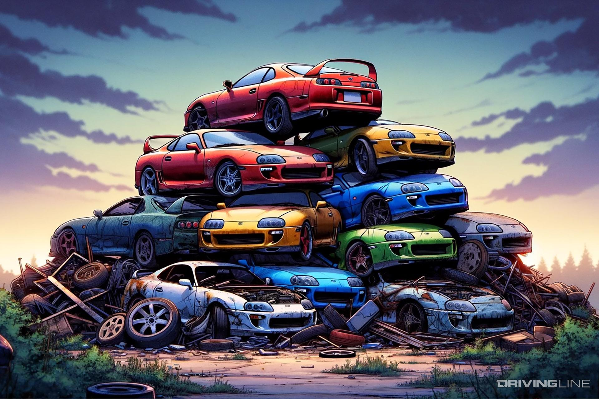 A pile of Toyota Supras in a junkyard