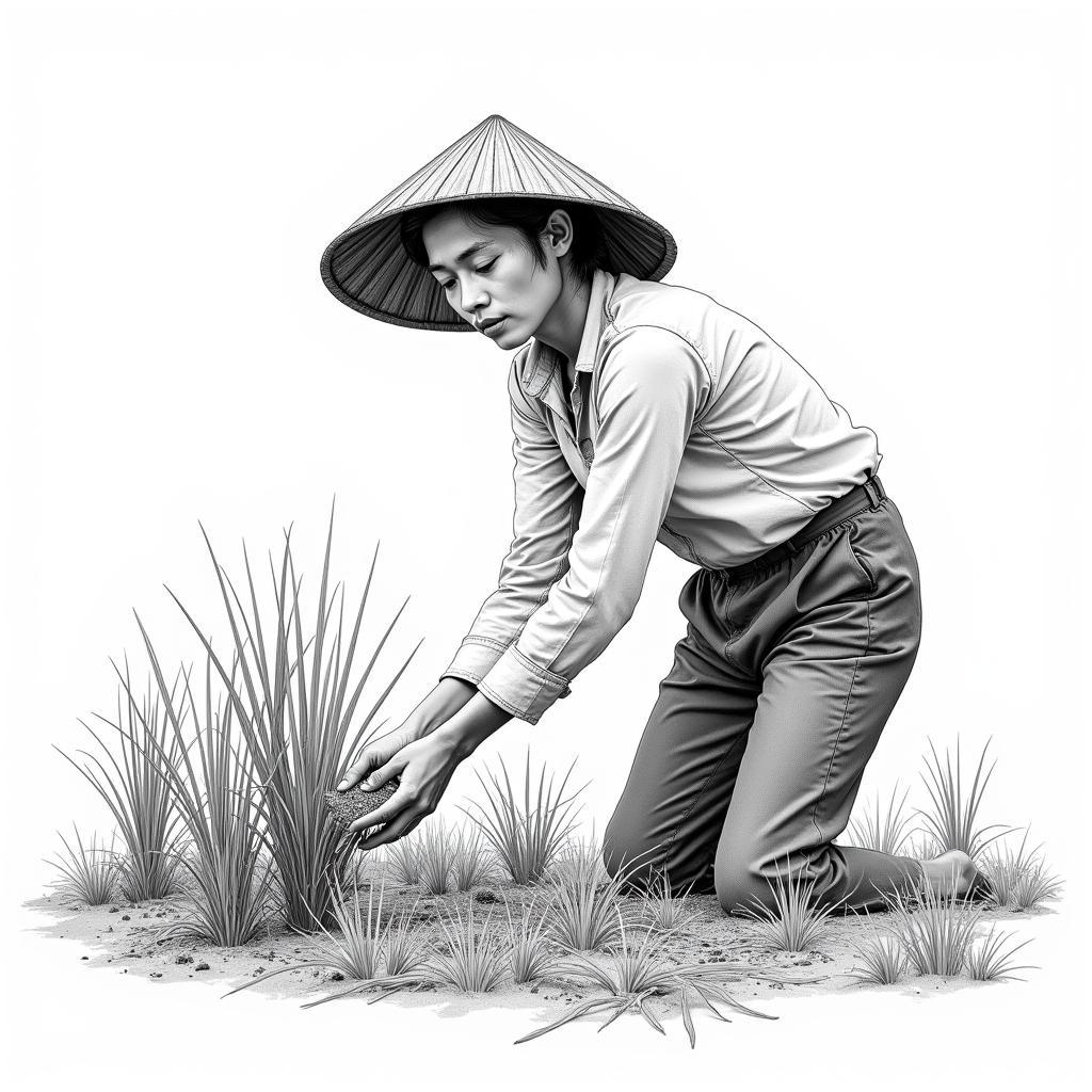 Vẽ chi tiết người nông dân cấy lúa